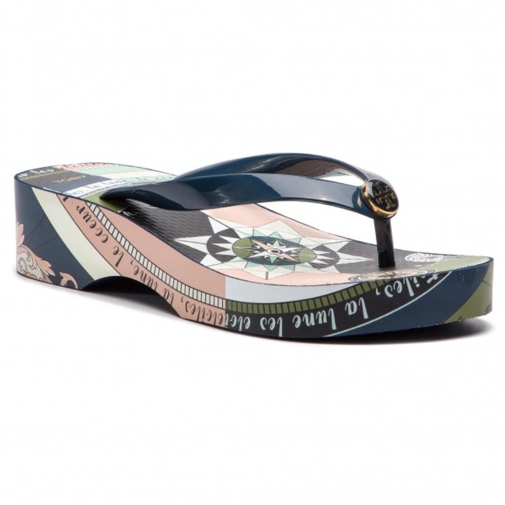 TORY BURCH Cut-Out Wedge Flip Flop Navy/Navy Constellation 400 SIZE 8